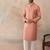 Men peach silk blend embroidered mandarin collar straight kurta with trousers