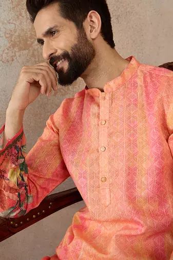 Men orange silk blend ethnic motifs printed straight kurta with trousers
