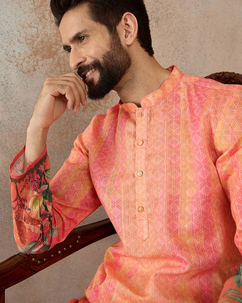 Men orange silk blend ethnic motifs printed straight kurta with trousers