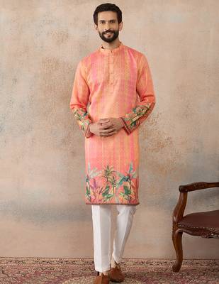 Men orange silk blend ethnic motifs printed straight kurta with trousers 1