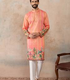 Men orange silk blend ethnic motifs printed straight kurta with trousers