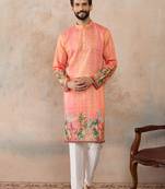 Men orange silk blend ethnic motifs printed straight kurta with trousers