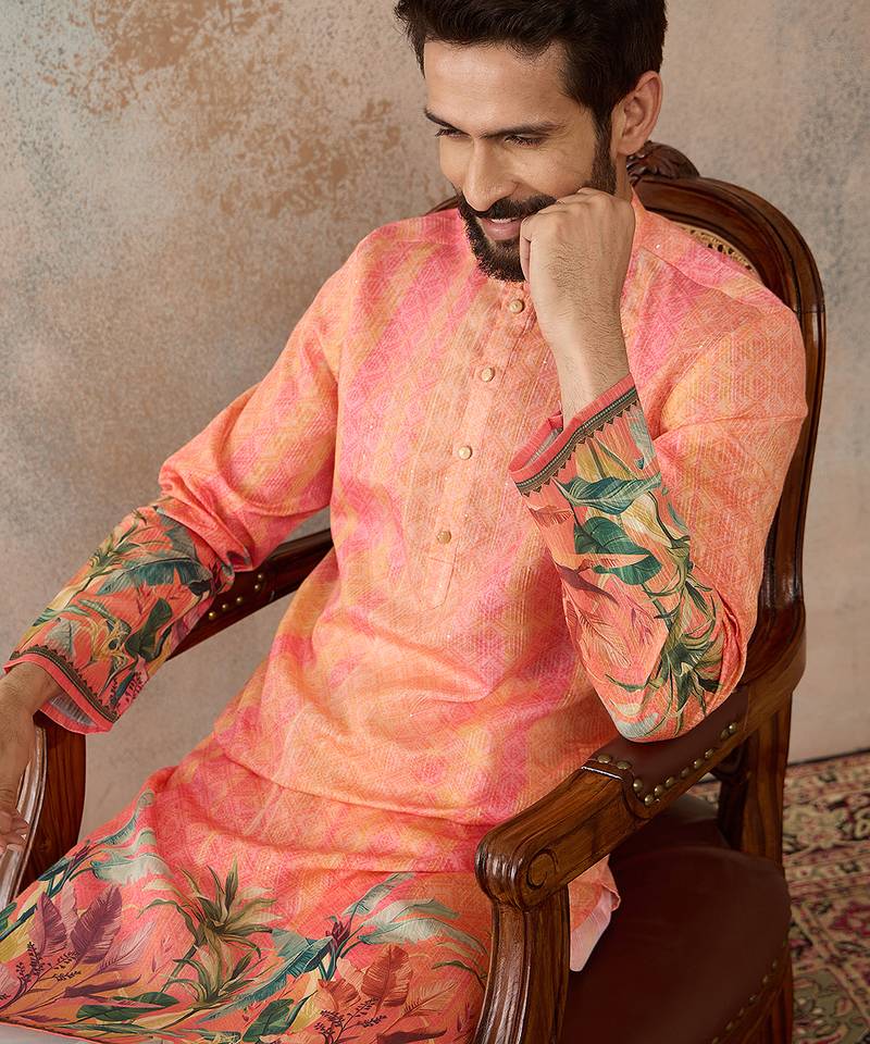 Men orange silk blend ethnic motifs printed straight kurta with trousers