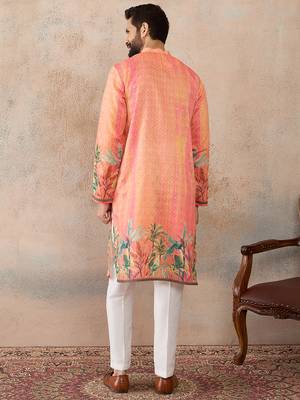 Men orange silk blend ethnic motifs printed straight kurta with trousers 4