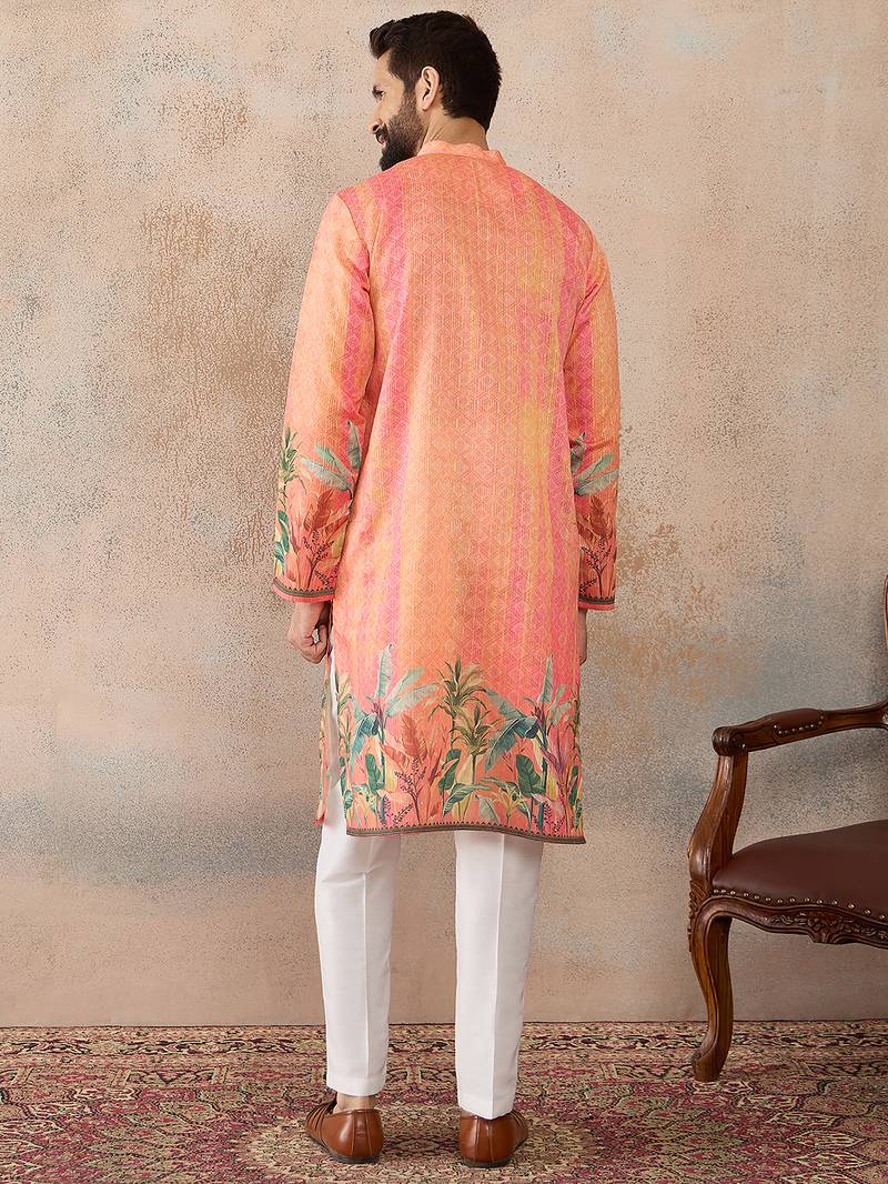 Men orange silk blend ethnic motifs printed straight kurta with trousers