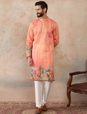 Men orange silk blend ethnic motifs printed straight kurta with trousers 5