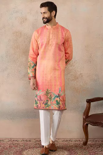 Men orange silk blend ethnic motifs printed straight kurta with trousers