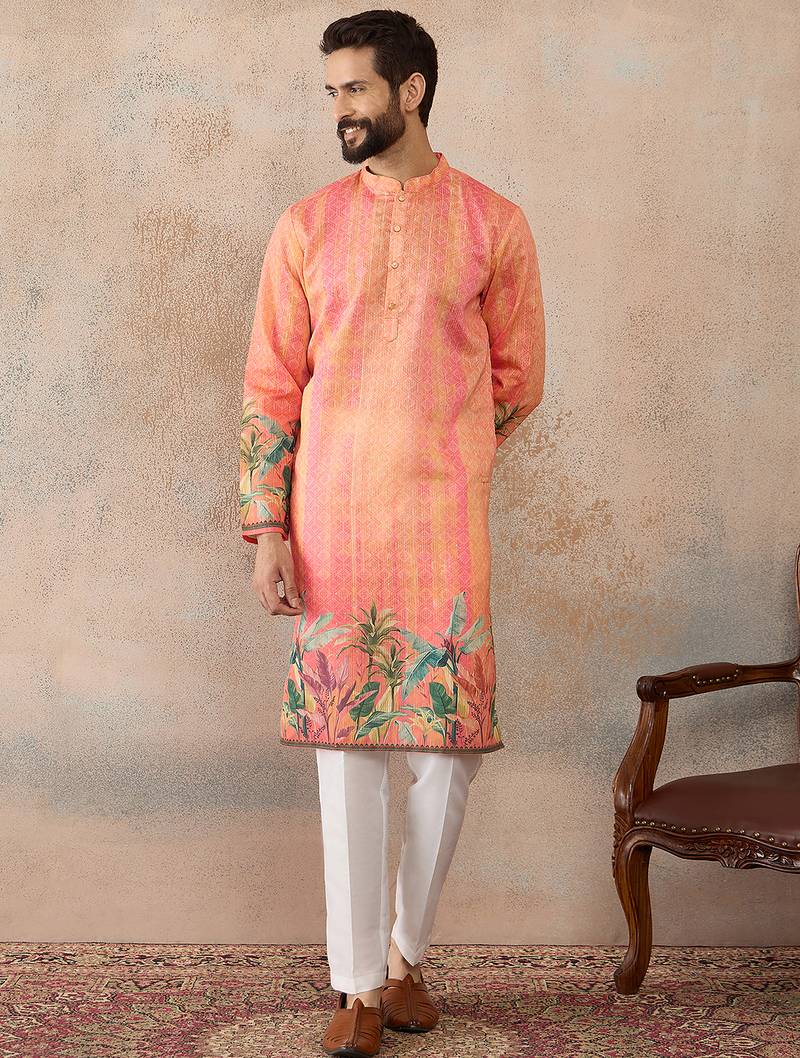 Men orange silk blend ethnic motifs printed straight kurta with trousers