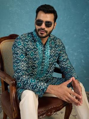 Mens sea green silk blend ethnic motifs ikat printed kurta 1