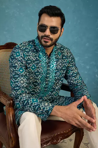 Mens sea green silk blend ethnic motifs ikat printed kurta