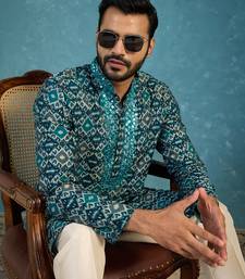 Mens sea green silk blend ethnic motifs ikat printed kurta