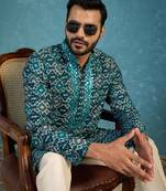 Mens sea green silk blend ethnic motifs ikat printed kurta