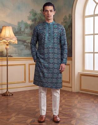 Mens sea green silk blend ethnic motifs ikat printed kurta 1