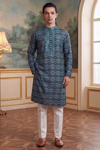 Mens sea green silk blend ethnic motifs ikat printed kurta