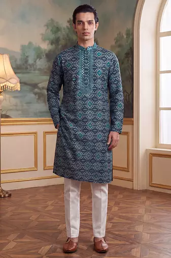 Mens sea green silk blend ethnic motifs ikat printed kurta