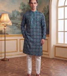 Mens sea green silk blend ethnic motifs ikat printed kurta
