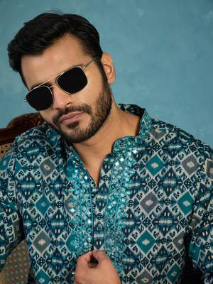 Mens sea green silk blend ethnic motifs ikat printed kurta 2
