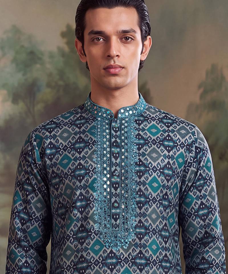 Mens sea green silk blend ethnic motifs ikat printed kurta