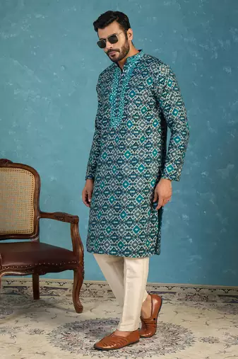 Mens sea green silk blend ethnic motifs ikat printed kurta
