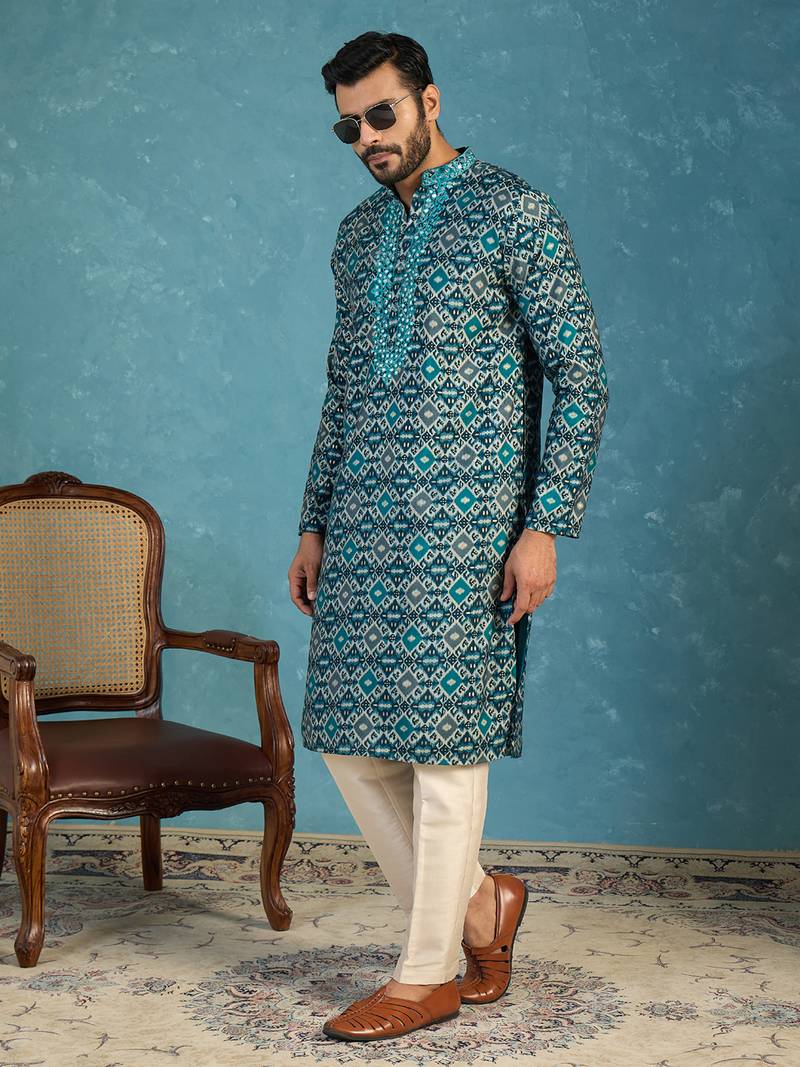 Mens sea green silk blend ethnic motifs ikat printed kurta
