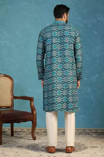 Mens sea green silk blend ethnic motifs ikat printed kurta
