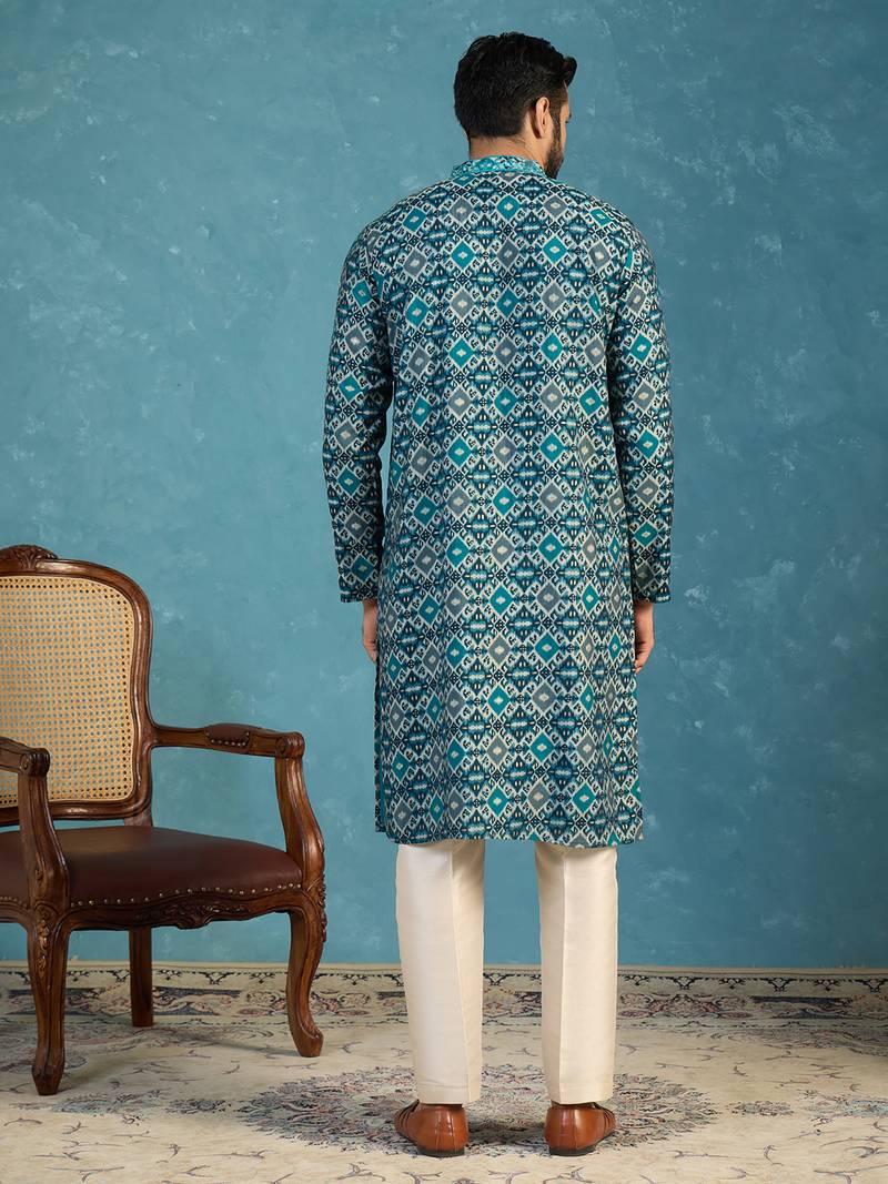 Mens sea green silk blend ethnic motifs ikat printed kurta