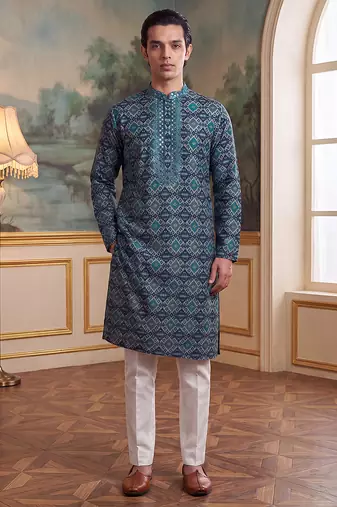 Mens sea green silk blend ethnic motifs ikat printed kurta