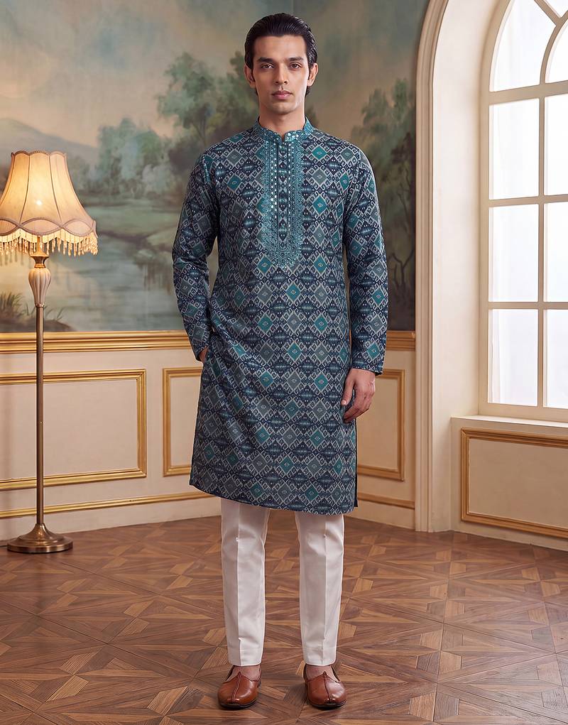 Mens sea green silk blend ethnic motifs ikat printed kurta