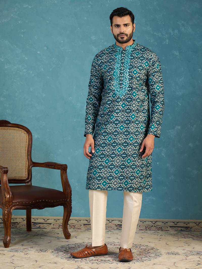 Mens sea green silk blend ethnic motifs ikat printed kurta