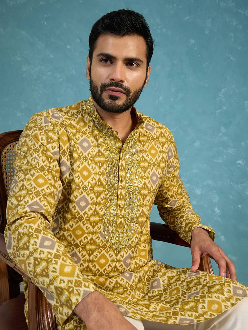 Mens green silk blend ethnic motifs ikat printed kurta