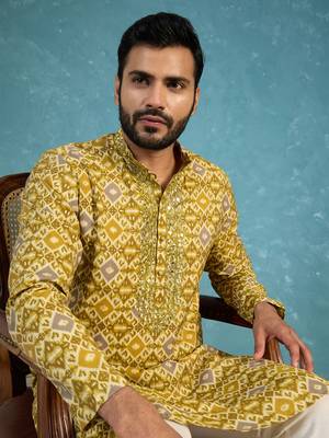 Mens green silk blend ethnic motifs ikat printed kurta 1