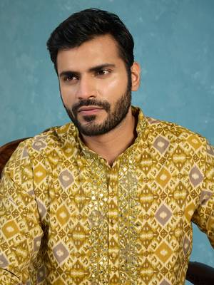 Mens green silk blend ethnic motifs ikat printed kurta 2