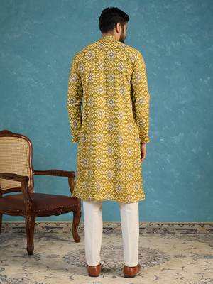 Mens green silk blend ethnic motifs ikat printed kurta 4