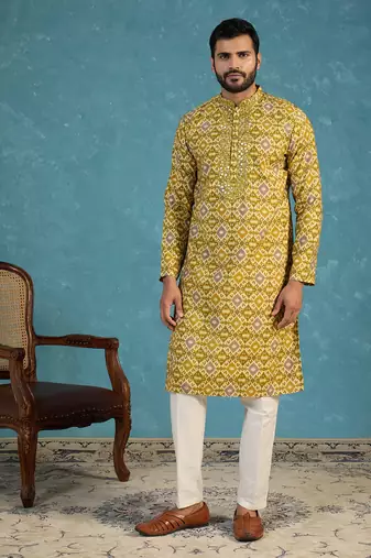 Mens green silk blend ethnic motifs ikat printed kurta