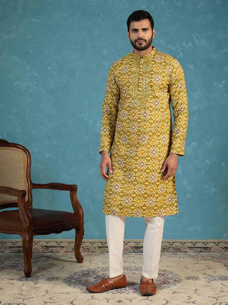 Mens green silk blend ethnic motifs ikat printed kurta