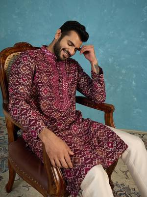 Mens purple silk blend ethnic motifs ikat printed kurta 1