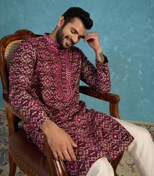 Mens purple silk blend ethnic motifs ikat printed kurta