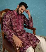 Mens purple silk blend ethnic motifs ikat printed kurta