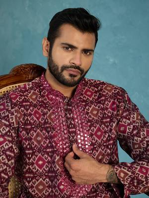 Mens purple silk blend ethnic motifs ikat printed kurta 2