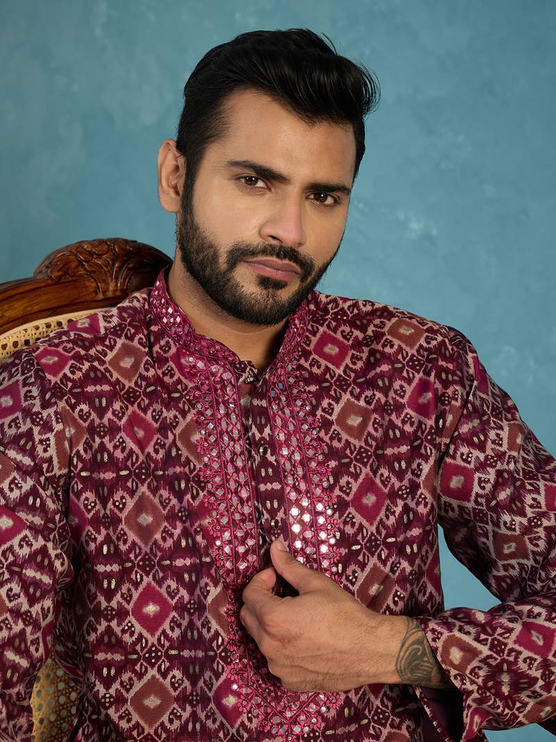 Mens purple silk blend ethnic motifs ikat printed kurta
