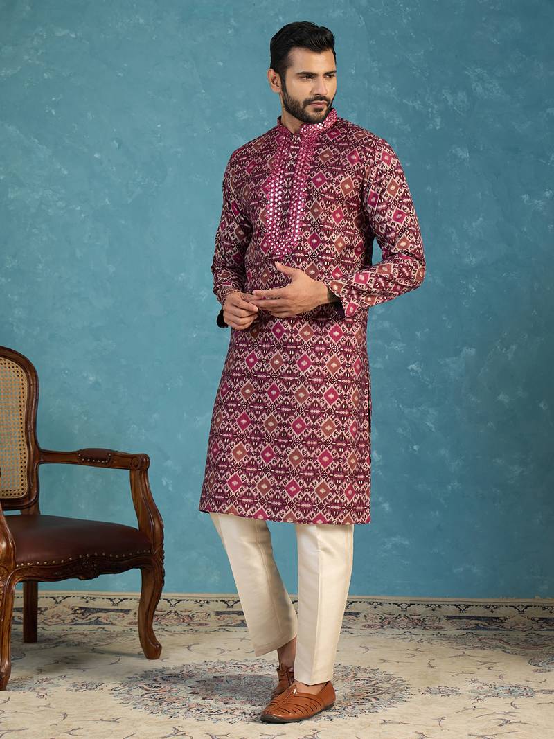 Mens purple silk blend ethnic motifs ikat printed kurta