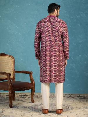 Mens purple silk blend ethnic motifs ikat printed kurta 4