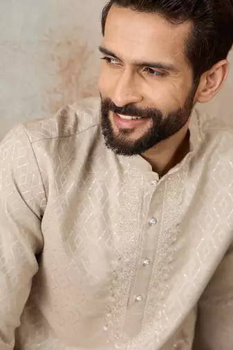Mens peach linen blend geometric woven design kurta