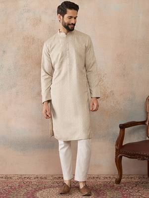 Mens peach linen blend geometric woven design kurta 1