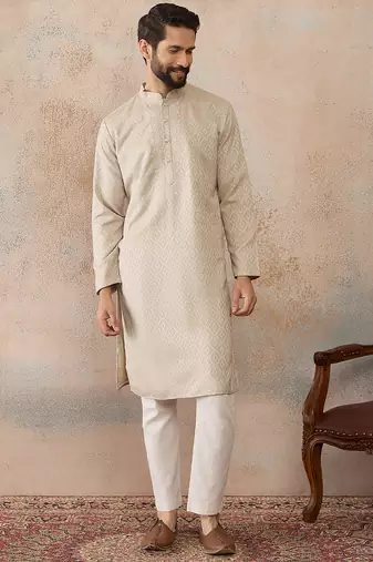 Mens peach linen blend geometric woven design kurta