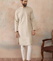 Mens peach linen blend geometric woven design kurta