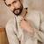 Mens peach linen blend geometric woven design kurta