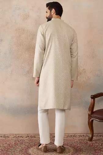 Mens peach linen blend geometric woven design kurta