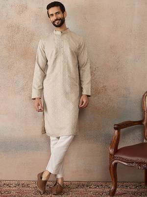 Mens peach linen blend geometric woven design kurta 5