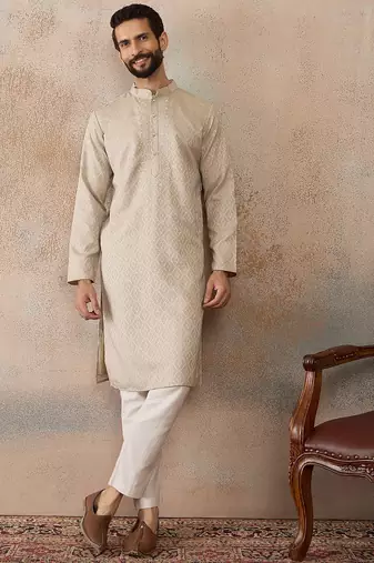 Mens peach linen blend geometric woven design kurta